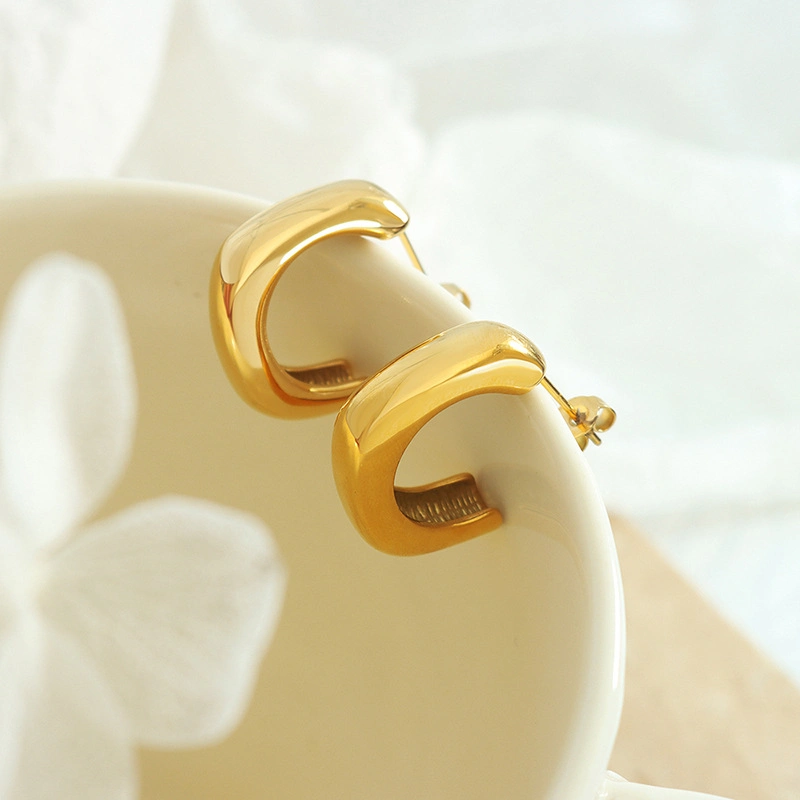 Fashion Vintage Stainless Steel 18K Gold Plated Irregular Geometric C Shape Stud Earring for Women