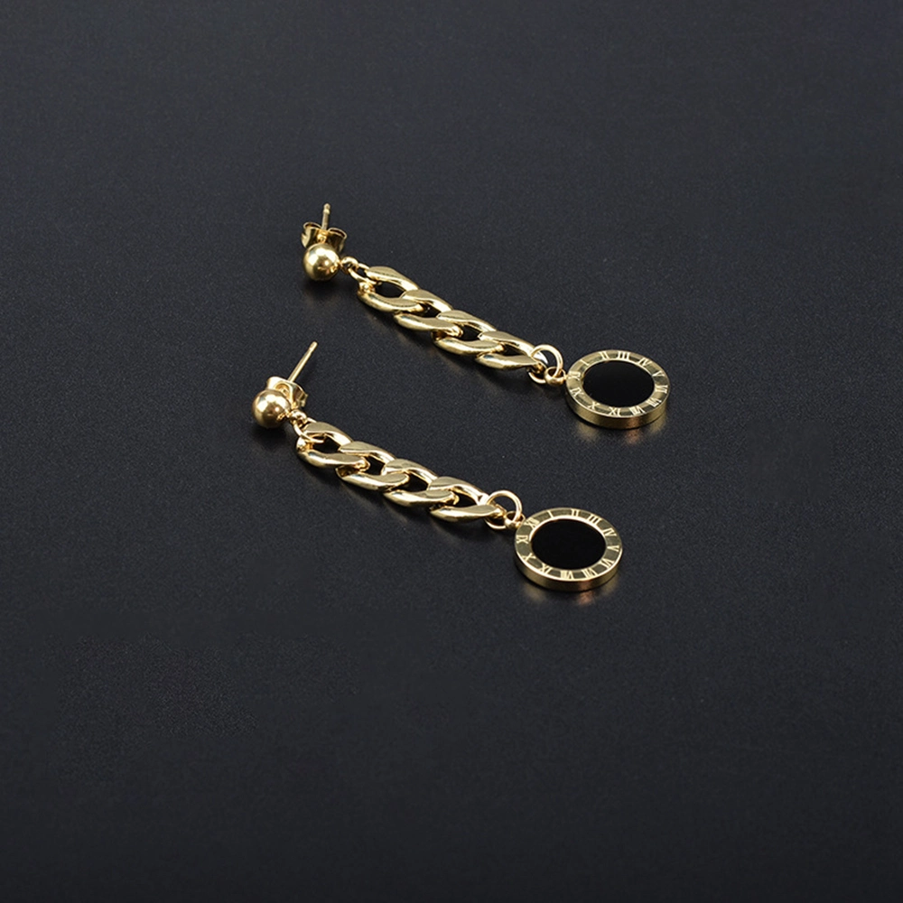 Stainless Steel Geometric Round Roman Numeral Dangle Drop Earrings Gold Plated Cuban Chain Long Tassel Black Shell Stud Earrings