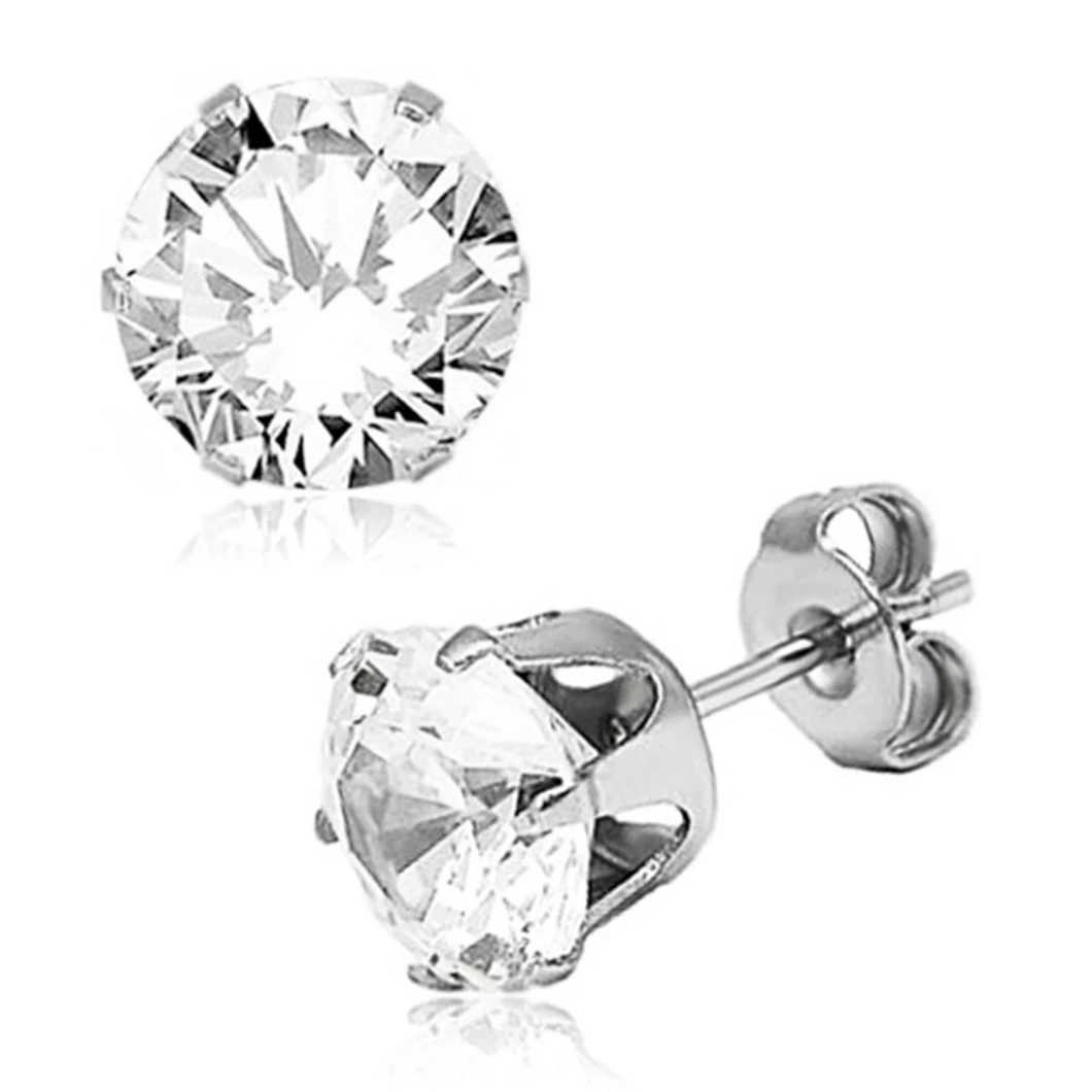 Stainless Steel 6-Prong Round White Cubic Zirconia Stud Earrings 5mm