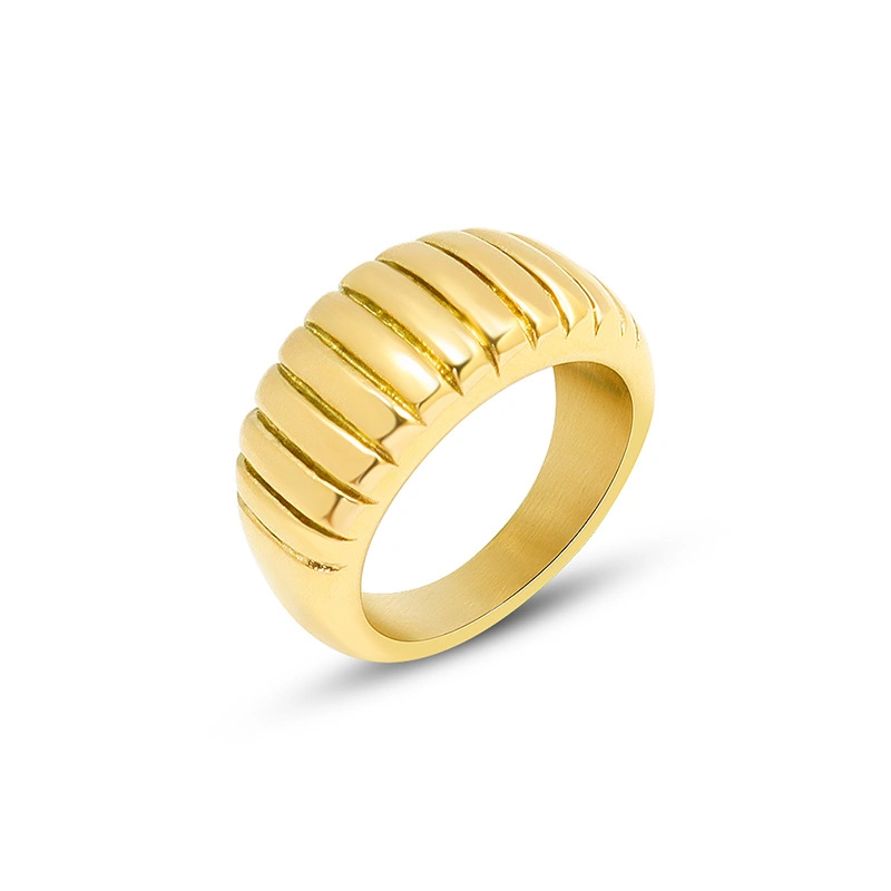 18K Gold Plated Stainless Steel Simple Geometric Chunky Croissant Twist Textured Waterproof Ring for Women