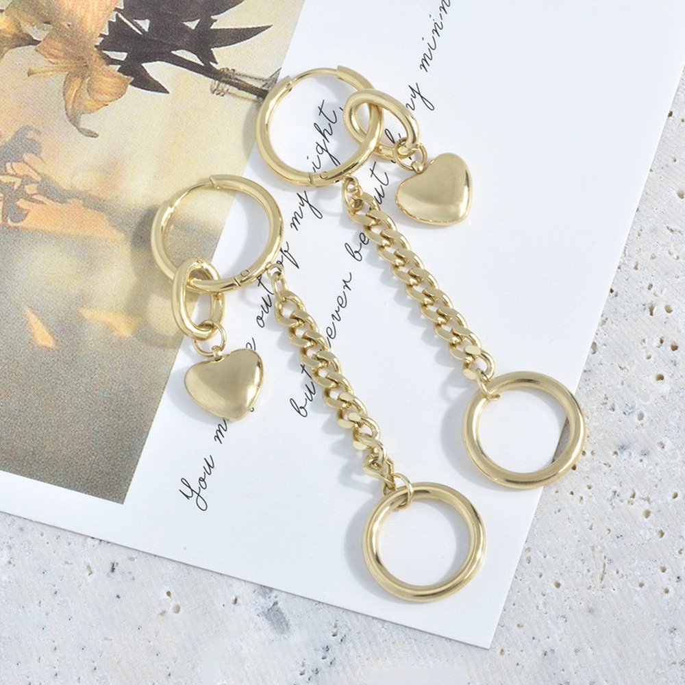 Fashion Stainless Steel Jewelry 18K Gold Plated Circle Tassel Earring Long Side Chain Heart Pendant Hoop Earrings for Women