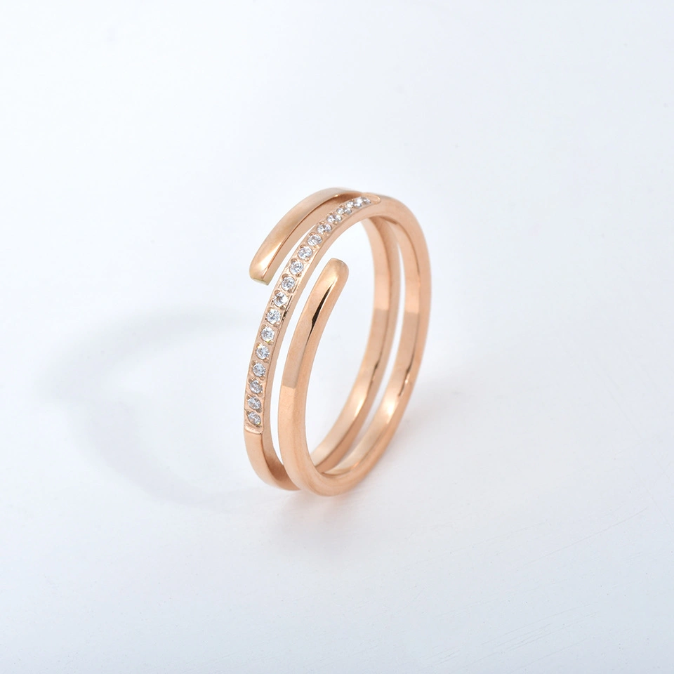 Women′s Simple Stainless Steel 18K Rose Gold Plated Double Layer Cubic Zirconia Knuckle Ring