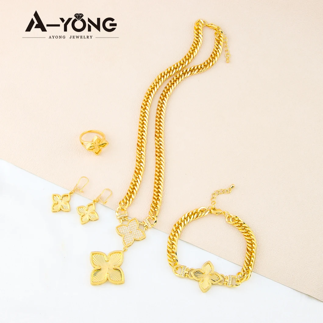 Fashion Design Clover Jewelry Sets Cuban Link Chain Gold Plated Jewelry Set for Women