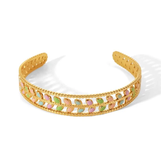 Bracelet en acier inoxydable émaillé multi-couleurs en forme de feuilles d'olivier