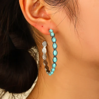 Boucles d'oreilles créoles Turquoise Vintage Western Turquoise grand cercle en forme de C